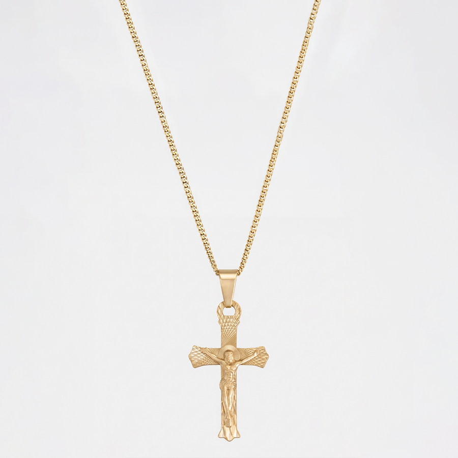 Collar Cruz Cristo en oro sólido 10K con Cadena Cuban Link de 1 mm.
