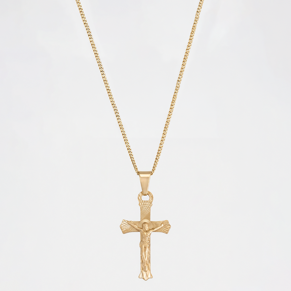 Collar Cruz Cristo en oro sólido 10K con Cadena Cuban Link de 1 mm.