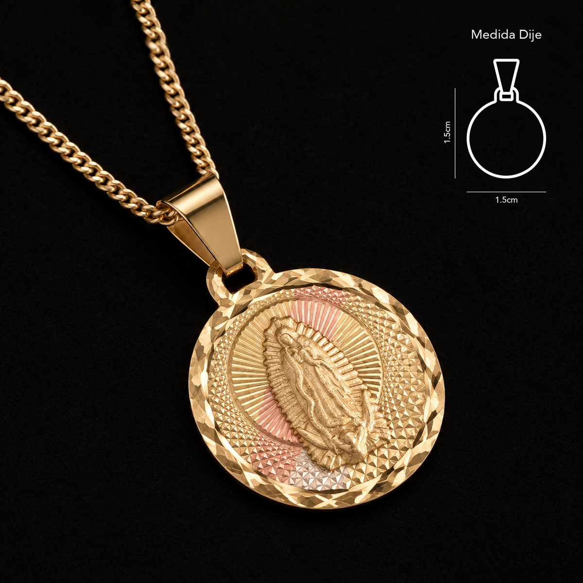 Detalle de Medalla Virgen de Guadalupe en oro sólido 10K bicolor con acabado facetado.