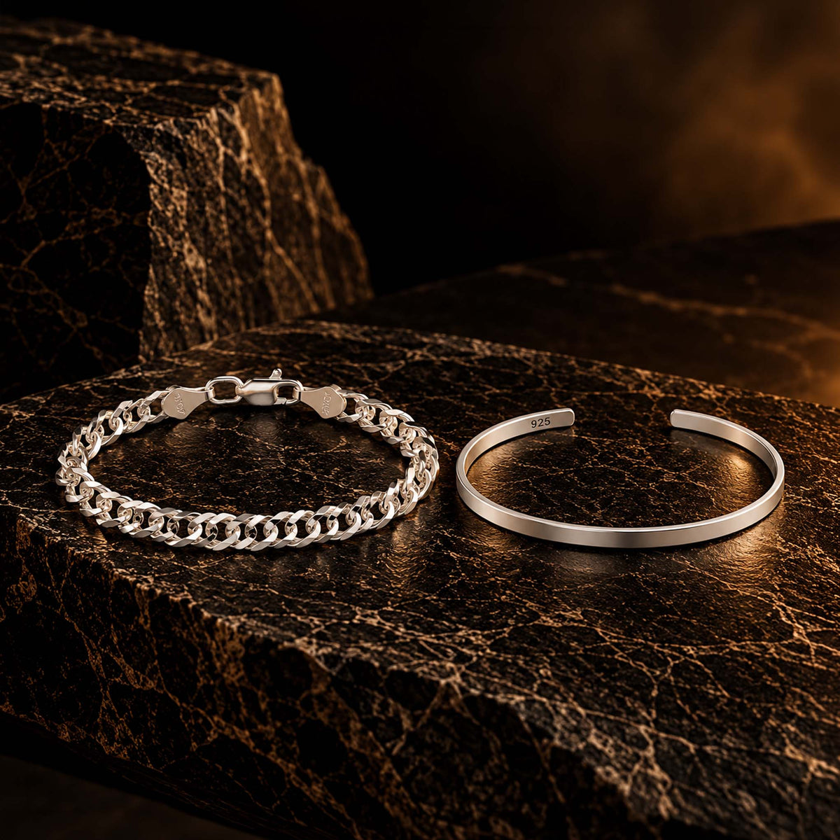 Set Brazalete Clásico + Pulsera Doble Rombo Zegrinada 5mm Plata .925